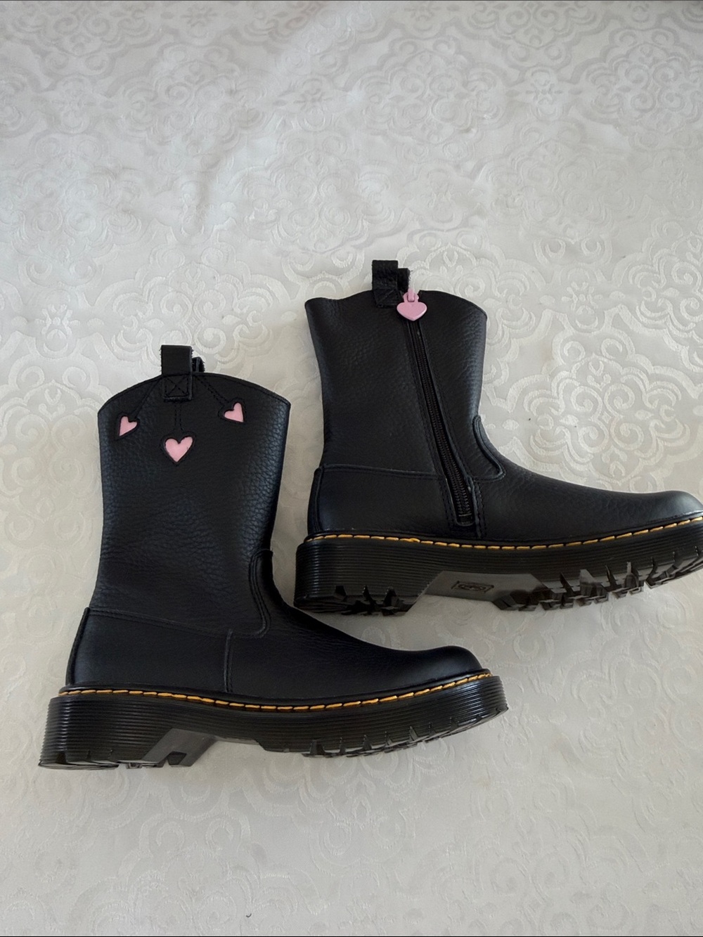Dr. Martens Kids Black Leather Boots with Pink Heart Accents